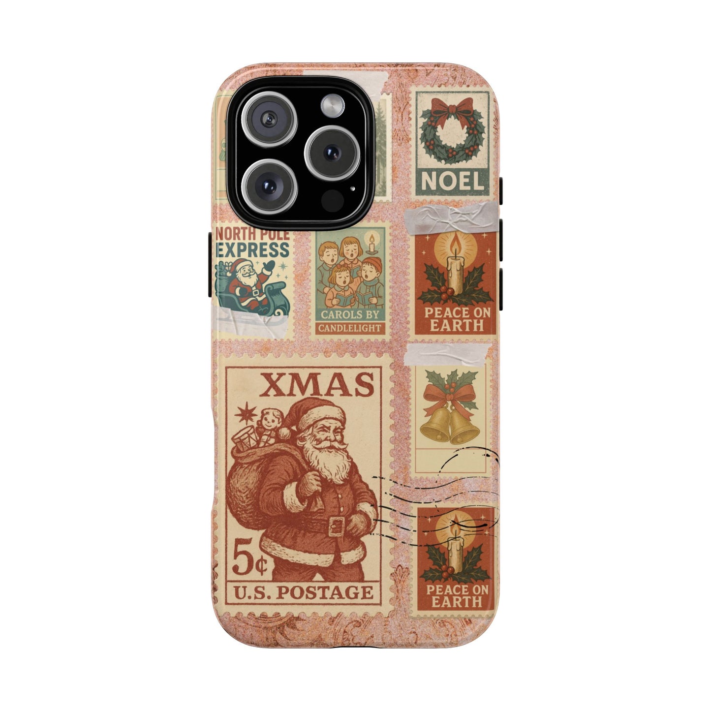 Vintage Christmas Postcard Collage Phone Case - Retro Xmas Stamps Design - Santa Candle Bells Wreath