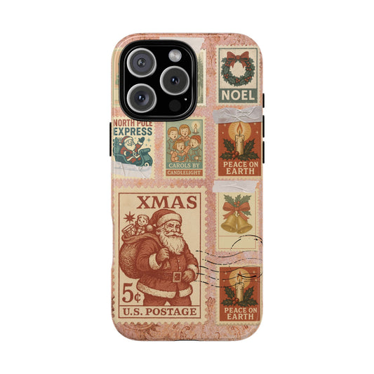 Vintage Christmas Postcard Collage Phone Case - Retro Xmas Stamps Design - Santa Candle Bells Wreath