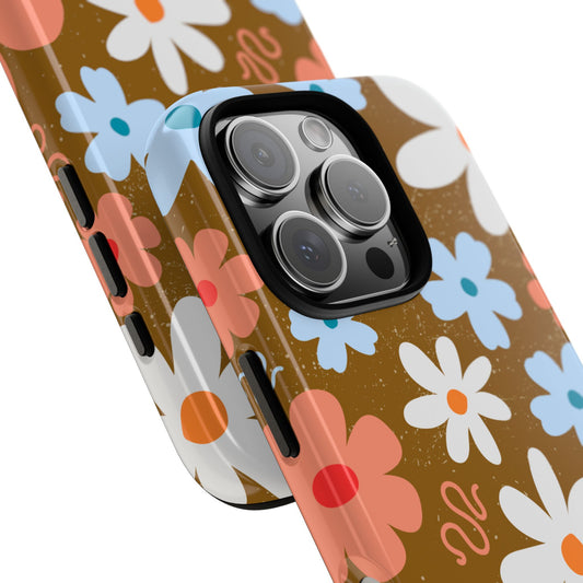 Brown Retro Boho Floral Phone Case - Groovy 70s Style Tough Case for Popular Smartphones - Blue Coral Daisy Flower Pattern Cover