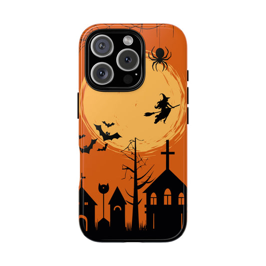 Halloween Tough Phone Case for Popular Smartphones - Witch Flying Past Moon Design