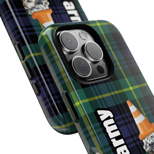 Tartan Army Phone Case - Humorous Scottish Statue Cone Design on Green Plaid for Popular Smartphones