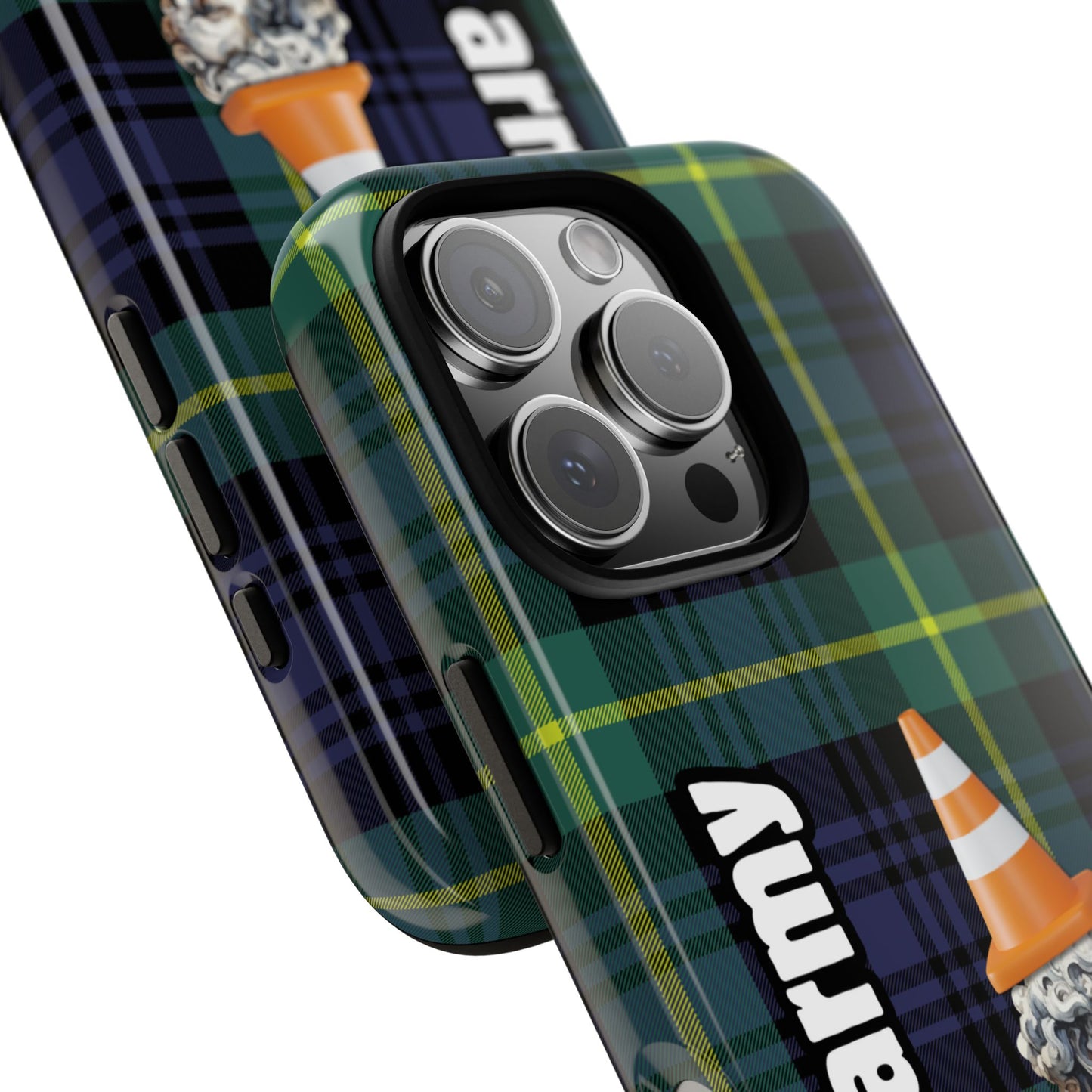 Tartan Army Phone Case - Humorous Scottish Statue Cone Design on Green Plaid for iPhone & Samsung