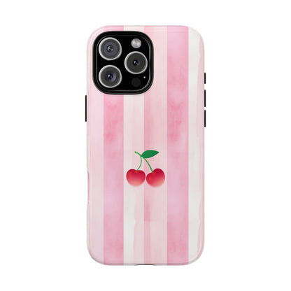 Retro Cherry Tough Phone Case - Pink Stripes Aesthetic