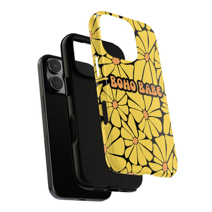 Boho Babe Yellow Flower Phone Case - Retro Boho Floral on Black Background, Bold Aesthetic Tough Case for iPhone & Samsung