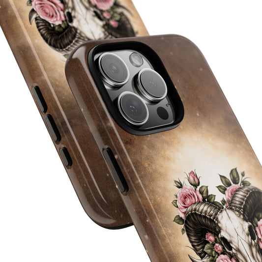 Ram Skull Rose Tough Phone Case | Gothic Floral Tattoo Design
