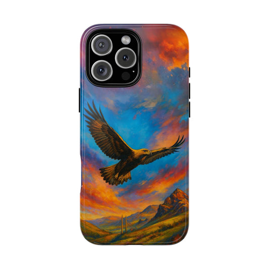 Golden Eagle Highlands Art Tough Phone Case - Sunset Mountain Landscape Design - Wildlife Bird Illustration Protective Cover