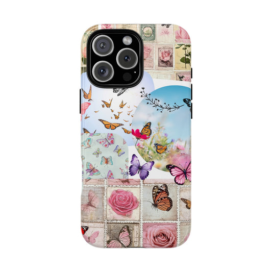 Cottagecore Butterfly Tough Phone Case - Vintage Floral Stamp Collage Art