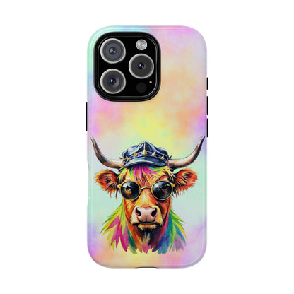 Pop Art Highland Cow Phone Case - Rainbow Hair & Sunglasses - Bold Comic Style Tough Case