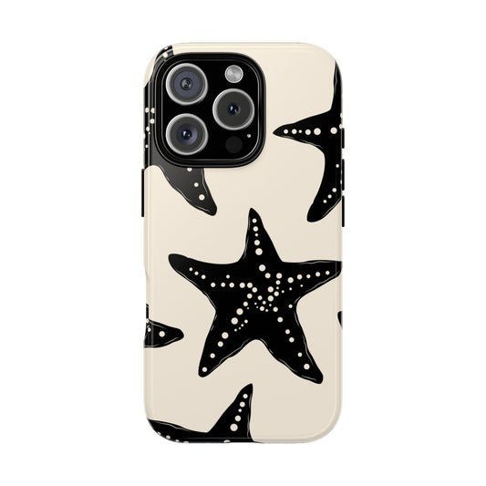 Black Starfish Tough Phone Case - Minimalist Beach Style on Cream Background, Fits iPhone 16 15 14 13 12 11 Pro Max, Samsung & Google Pixel
