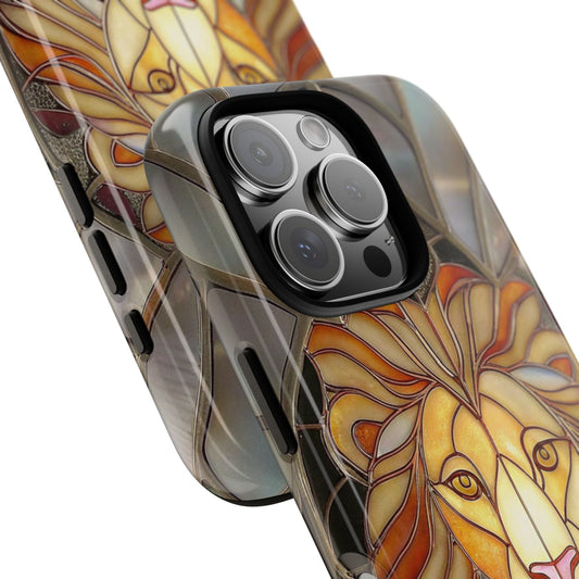 Stained Glass Lion Face Tough Phone Case - Iridescent Mosaic in Fiery Orange Tones for Popular Smartphones
