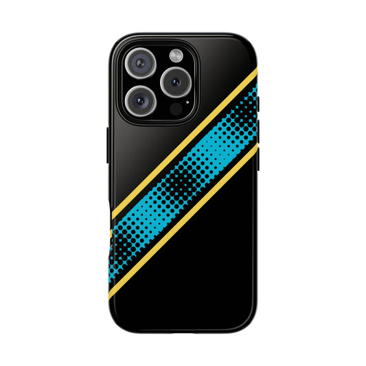 Pop Art Halftone Tough Phone Case - Abstract Diagonal Stripe in Cyan, Yellow & Black for iPhone 16 - 11, Samsung S25 - S20 and Google Pixel