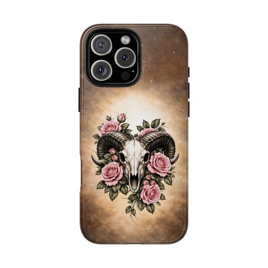 Ram Skull Rose Tough Phone Case | Gothic Floral Tattoo Design