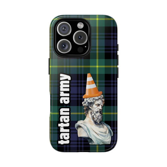 Tartan Army Phone Case - Humorous Scottish Statue Cone Design on Green Plaid for Popular Smartphones