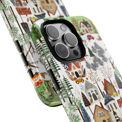 Nordic Winter Village Tough Phone Case - Scandi Christmas Countryside - Snowy Cottages & Cars
