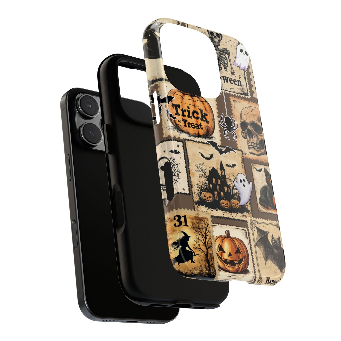 Vintage Halloween Stamp Phone Case - Witch Skull Pumpkin Cat Design - Spooky Collage