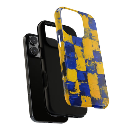 Blue & Yellow Abstract Phone Case - Bold Textured Square Pattern Tough Protective Cover