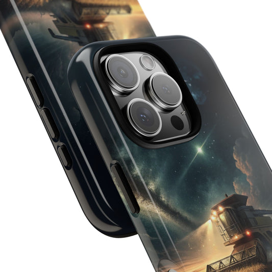 Night Harvest Tough Phone Case - Combine Harvester at Night in Spotlight Wheat Field