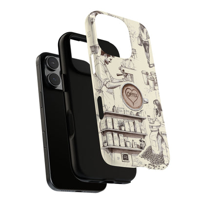 Café Culture Coffee Lover Sketch Tough Phone Case - Sketched Coffee Scenes for iPhone, Samsung & Google Pixel, Check Description for Models