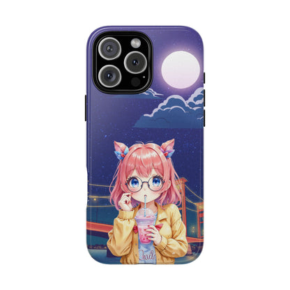 Moonlit Bridge Girl - Anime Style Tough Phone Case - Aesthetic Night Sky Design - Protective & Stylish Cover