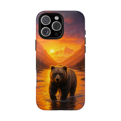 Sunrise Bear Tough Phone Case - Mountain River Wildlife Scene in Golden Light