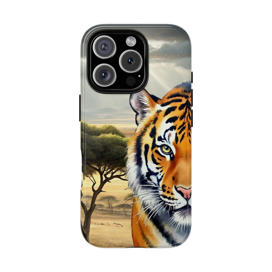 Tiger Half Face Tough Phone Case - Chrome Pop Art Animal Design
