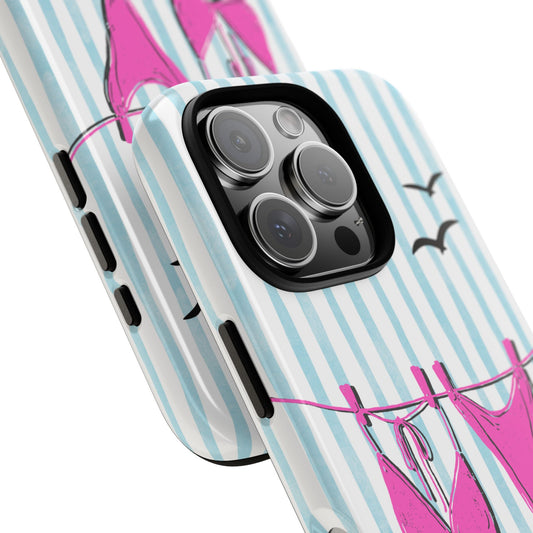 Pink Bikini & Blue Stripes - Cute Summer Tough Phone Case , Wraparound Beach Aesthetic Cover