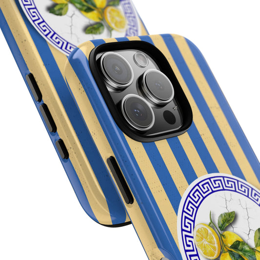 Mediterranean Lemons Phone Case - Tough Dual Protection - Blue Gold Greek Plate Design