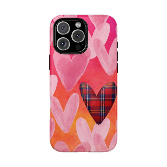 Tartan Heart Valentine Phone Case - Watercolor Pink Hearts Pattern - Scottish Love Gradient