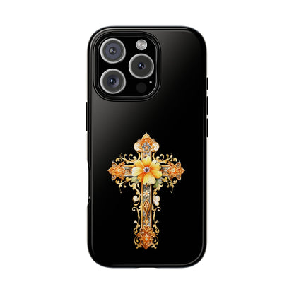 Baroque Cross Floral Tough Case for iPhone & Samsung - Ornate Faith Design on Black - Religious Gift Idea
