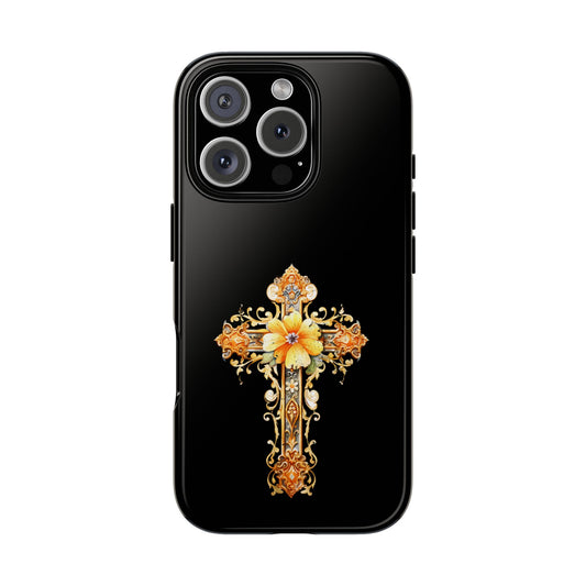 Baroque Cross Floral Tough Case for iPhone & Samsung - Ornate Faith Design on Black - Religious Gift Idea
