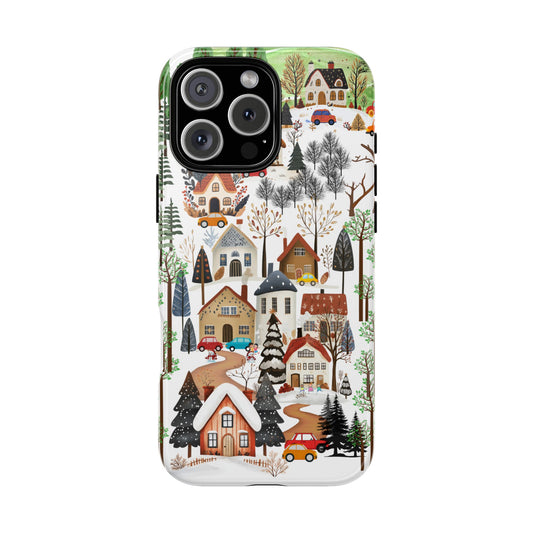 Nordic Winter Village Tough Phone Case - Scandi Christmas Countryside - Snowy Cottages & Cars