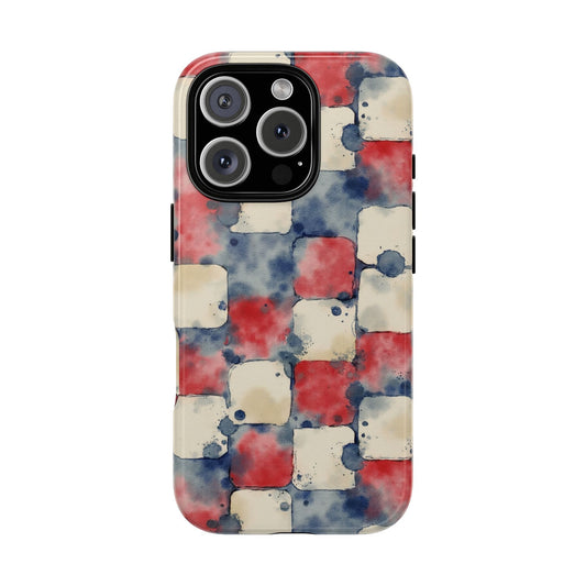 Red White Blue Watercolor Phone Case - Abstract Painted Squares Pattern - Artistic Tough Cover for iPhone & Samsung