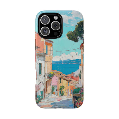 Mediterranean Lane Tough Phone Case with Coastal Village Seaside Design