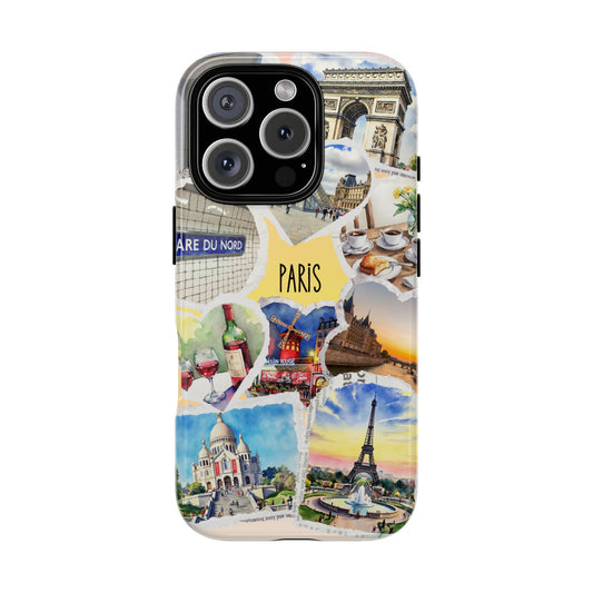 Paris France Tough Phone Case - Watercolor Collage of Eiffel Tower, Louvre, Wine & Coffee - Romantic Travel Gift for Her or Him