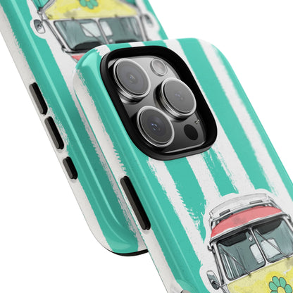 Retro Camper Van Tough Phone Case - Woodstock Hippie Bus Design on Turquoise Stripes