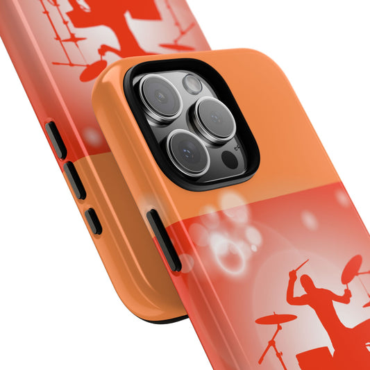Retro Drummer Tough Phone Case - Music Silhouette Design - Orange Wave Pattern