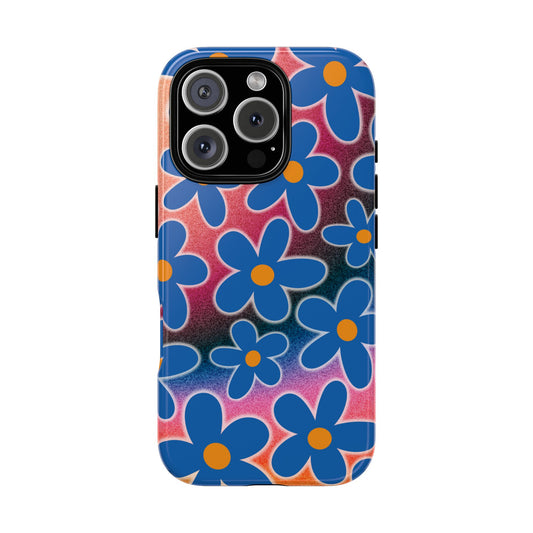 Retro Blue Flower Power Phone Case - 70s Psychedelic Tough Protective Cover for iPhone & Samsung