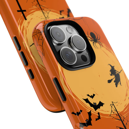 Halloween Tough Phone Case for Popular Smartphones - Witch Flying Past Moon Design