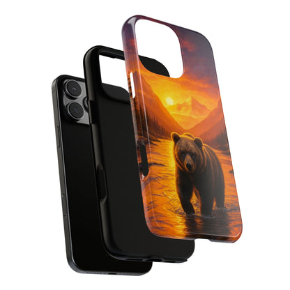 Sunrise Bear Tough Phone Case - Mountain River Wildlife Scene in Golden Light