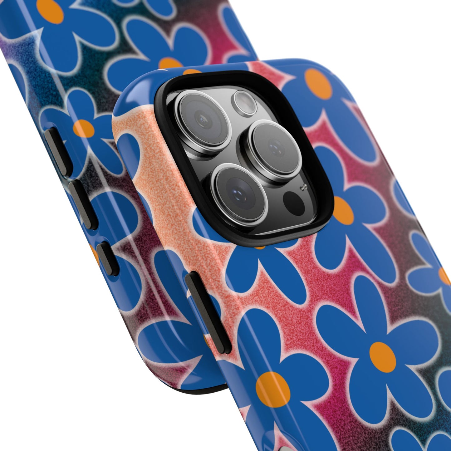 Retro Blue Flower Power Phone Case - 70s Psychedelic Tough Protective Cover for iPhone & Samsung