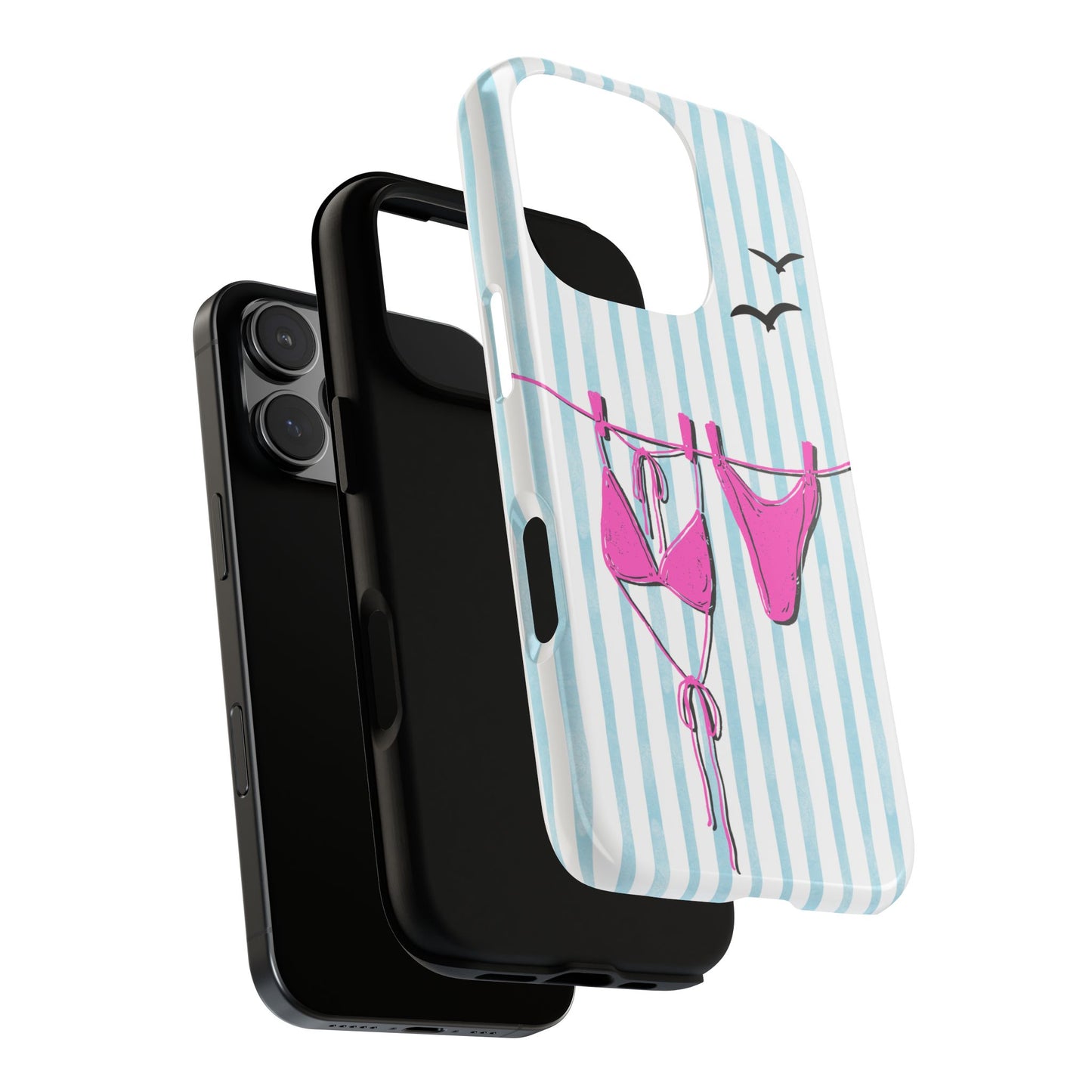 Pink Bikini & Blue Stripes - Cute Summer Tough Phone Case for iPhone and Samsung, Wraparound Beach Aesthetic Cover