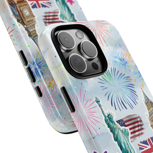 2026 World Celebration Phone Case - USA UK Landmarks Fireworks Tough Case