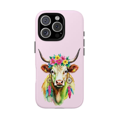 Highland Cow Phone Case - Boho Cow with Dreamcatchers & Flowers - Colorful Watercolor Cow