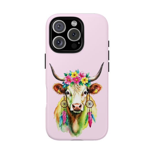 Highland Cow Phone Case - Boho Cow with Dreamcatchers & Flowers - Colorful Watercolor Cow