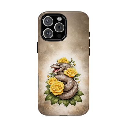 Snake & Yellow Roses Tough Phone Case | Vintage Floral Tattoo Design