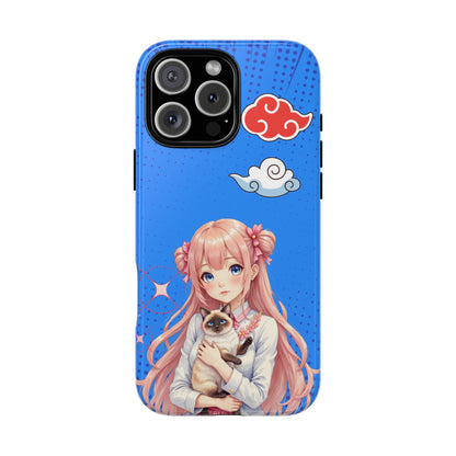 Blue Cloud Cat Girl - Kawaii Anime Style Tough Phone Case - Pink Hair Art & Cat Companion