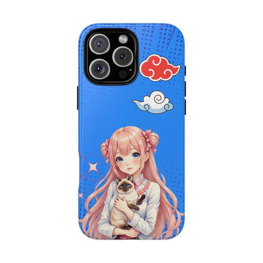 Blue Cloud Cat Girl - Kawaii Anime Style Tough Phone Case - Pink Hair Art & Cat Companion