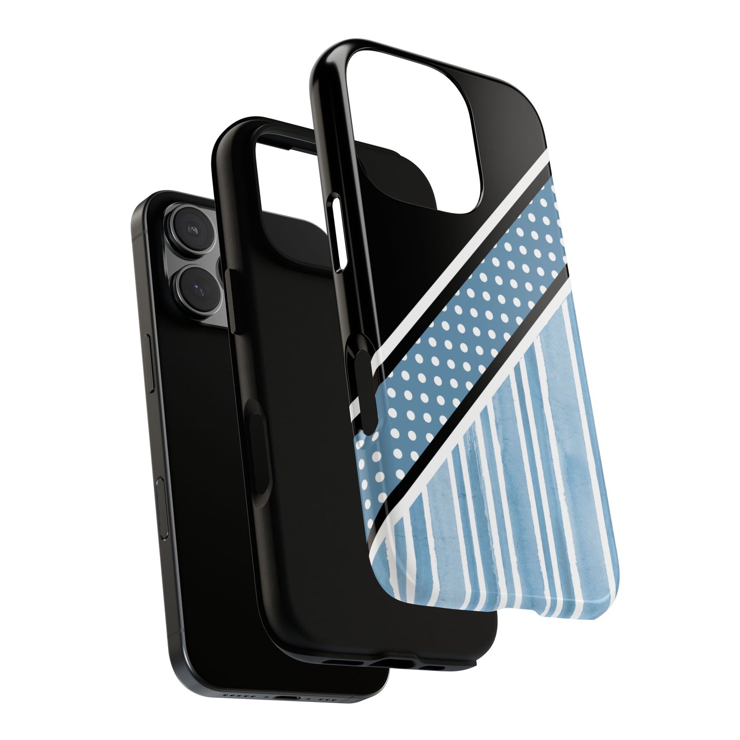 Polka Power Stripe Tough Phone Case - Abstract Pale Blue, Black & White with Diagonal Detail for iPhone 16 - 11, Samsung and Google Pixel