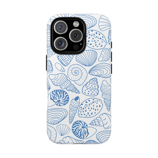 Minimalist Seashell Line Art Phone Case - Blue & White Beach Pattern for iPhone and Samsung - Ocean Aesthetic Coastal Vibes Cover