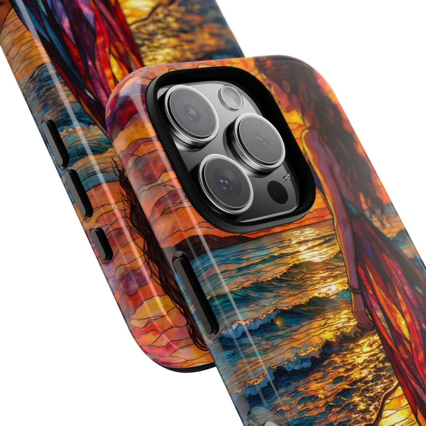 Sunset Woman Stained Glass Effect Phone Case, Beach 3D Mosaic Pearl Tough Case for Popular Smartphones, Unique Protective Gift